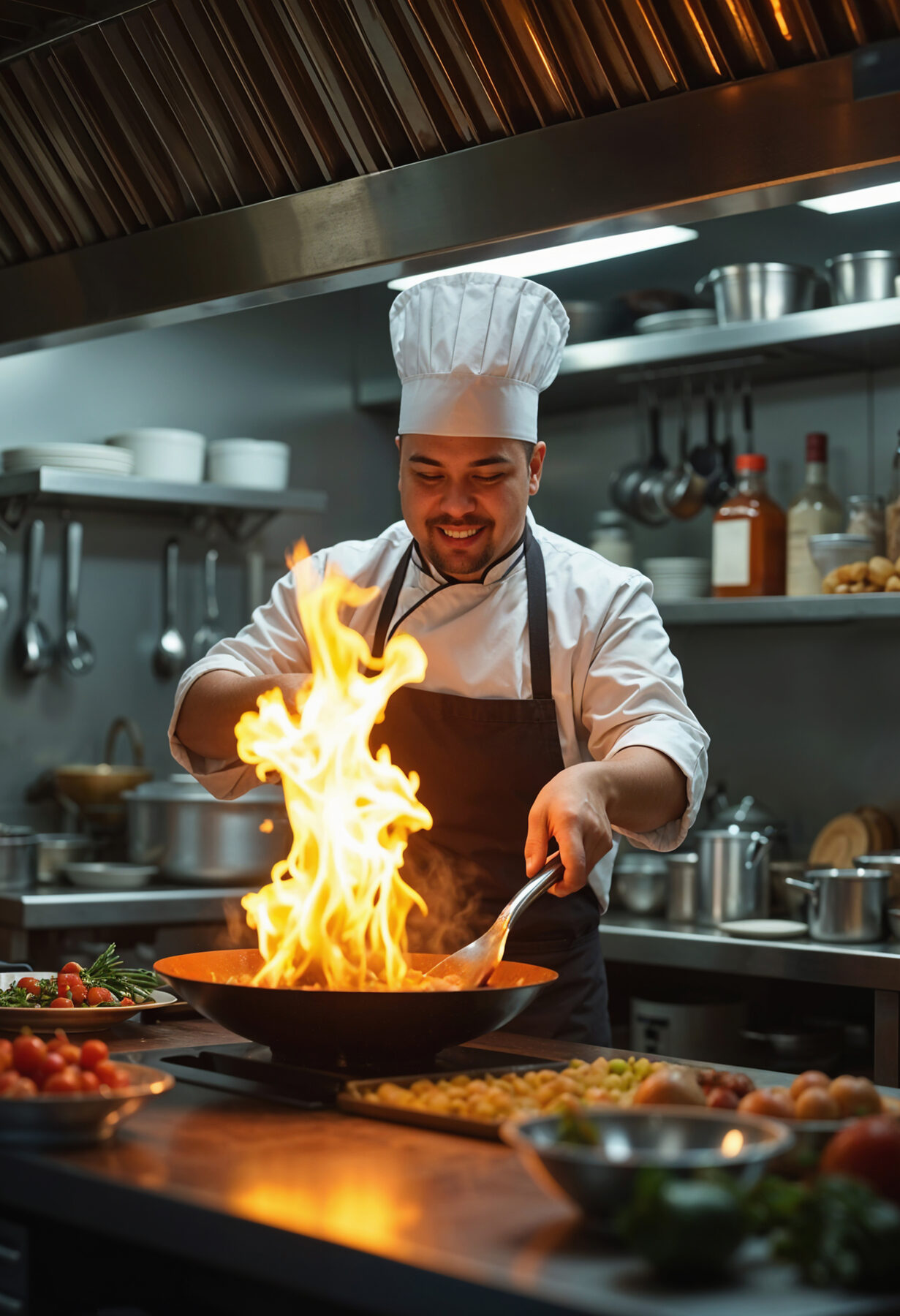 Chef preparando un platillo con flambeado en una cocina profesional